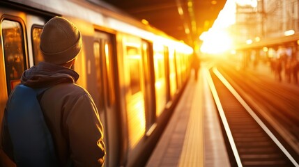 An urban scene depicting a person waiting for a subway train, warmly lit by the setting sun, symbolizing transition, anticipation, and the rhythm of city life.