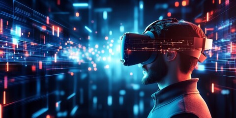 Wall Mural - creating a virtual reality technology background that combines digital imagery and 3d elements, show