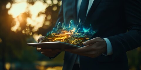 Wall Mural -  A professional man in business attire holding a digital tablet, with the screen projecting a 3D map of a fantasy landscape,