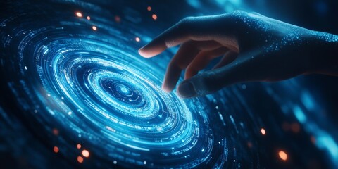 Wall Mural - Hand touching a spinning data flow, AI future technology 