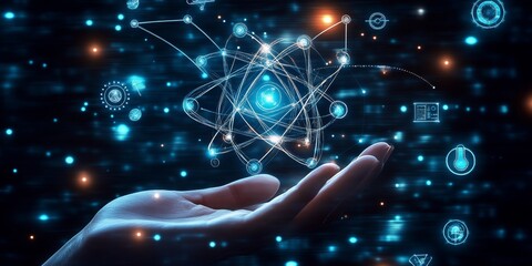Wall Mural - futuristic background with icons representing technology and science, above which is an atom symbol.