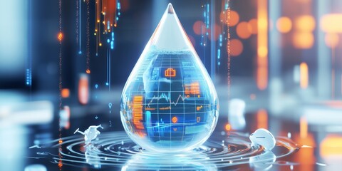 Wall Mural - 3d illustration of water drop, with icons representing business, technology, and digital marketing, 