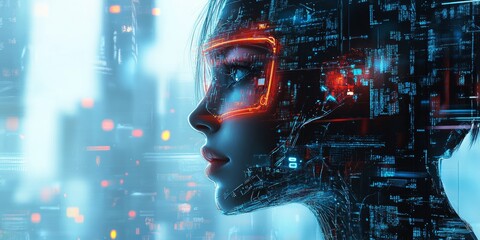 Wall Mural - futuristic meta human positioned in the right side of the image with hud face elements