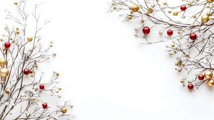 snowy branches with red and gold christmas ornaments