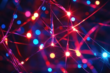Fototapete - Brightly colored Christmas lights twinkle in multiple shades against a dark background, bringing a joyful holiday spirit to the surroundings. Generative AI