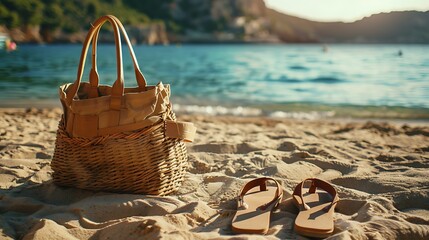 Wall Mural - on the sand near the water a beach bag and a pair of sandals