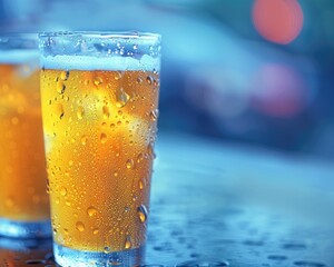 Two glasses of iced beer with condensation on a table.