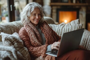 Happy senior woman sitting at home on sofa and using laptop, surfing net or having video call from home and feeling exiciting, Generative AI