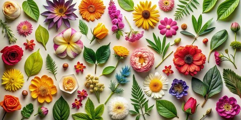 Sticker - A vibrant collection of assorted flowers and leaves arranged on a neutral background. Generative AI