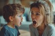 © Rising Monk - Angry young mother arguing with little son who is misbehaving by being stubborn while talking to him. The concept of the conflict of parents and, Generative AI