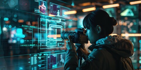 A photographer adjusts camera settings while an AI hologram offers tips on lighting and composition. The scene captures the synergy between human skill and AI guidance, highlighting the blend of