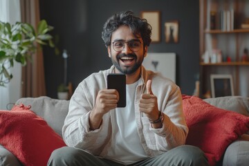 Yes, great news. Overjoyed indian guy holding smartphone and shaking clenched fist, sitting on comfortable sofa at home, free space, Generative AI