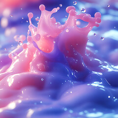 Poster - Abstract illustration of a splash of colored thick liquid with a smooth transition between pink, purple and blue hues. Light highlights accentuate the floating drops. Dynamic futuristic style. Depth o