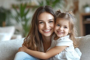 Joyful mother lifting daughter riding child girl on legs, having fun together on couch in living room at home. Joy of motherhood, Generative AI