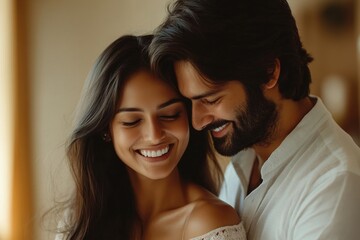 Happy indian man tenderly embracing his wife, standing in living room interior, free space. Young couple having romantic moments at home, Generative AI