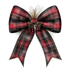 Wall Mural - Elegant red and black plaid bow with pine cones perfect for holiday decorations and gift wrapping ideas