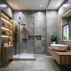 Sticker - Sleek modern bathroom interior design in gray tones with elegant fixtures. Generative AI