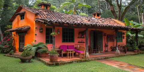 Charming rustic house surrounded by lush greenery with terracotta roof and vibrant orange walls offering a tranquil and picturesque rural retreat