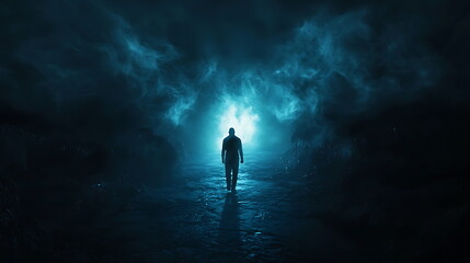 Aufkleber - A solemn figure walking towards an ethereal light in a misty landscape symbolizing hope and transformation in a dreamlike setting