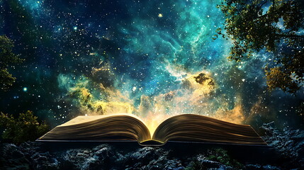 Aufkleber - An open book unveiling the secrets of the universe amidst a cosmic expanse of stars and mystical wonders