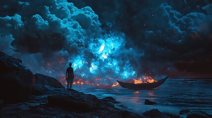 Aufkleber - A surreal encounter a figure stands before a fiery cloudscape and tranquil waters blending reality and imagination in a dreamlike scene