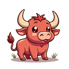 Poster - Cute cartoon bull with horns standing in grass