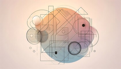 Geometric line art with clean, overlapping shapes like circles and rectangles, in gradient tones,generative ai

