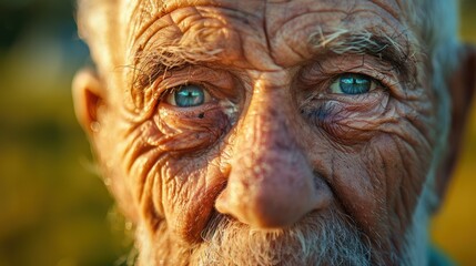 Sticker - Close-up Portrait of an Elderly Man with Deeply Wrinkled Skin and Blue Eyes