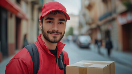 delivery person in a red uniform holds a cardboard box