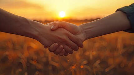 Two hands shake in agreement against a golden wheat field at sunset.