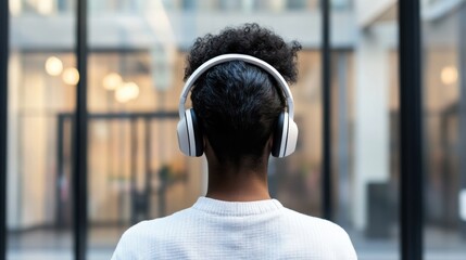 A person in casual attire with headphones immersed in virtual meetings, Digital collaboration scene, Relaxed style