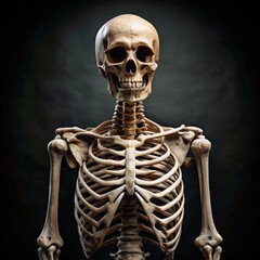 Wall Mural - a realistic human skeleton stands against a black background in standard scale. generative ai