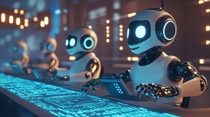 Futuristic robots working on a glowing digital interface in a modern tech lab.