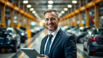 Smiling business professional holding a tablet in an industrial car manufacturing setting, representing success, technology, and industry leadership. The background shows a modern auto production line