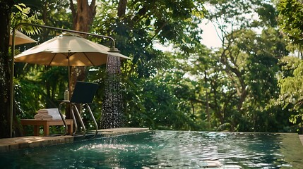 Wall Mural - showerhead and laptop relaxing beside a serene pool backed by lush trees
