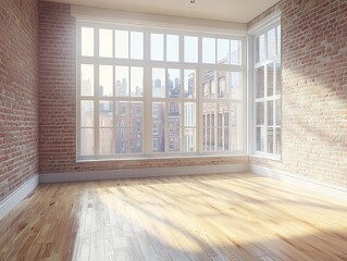 Poster - A room with a brick wall and a large window