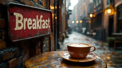 A vintage street scene with a cozy atmosphere where a steaming cup of coffee sits on an outdoor table on a rainy day next to a classic breakfast sign