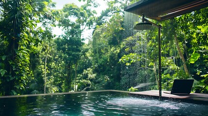 Wall Mural - showerhead and laptop relaxing beside a serene pool backed by lush trees