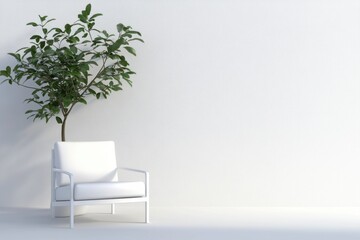 A white chair is sitting in front of a wall