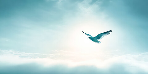 Bird is flying in the sky with a blue background. The sky is cloudy and the sun is shining through the clouds. The bird is soaring high in the sky, giving a sense of freedom and peace