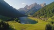 © CLOVER BACKGROUND - Alpine Lake Serenity: A serene alpine lake nestled amidst majestic mountains and verdant meadows, bathed in the golden glow of a summer evening.