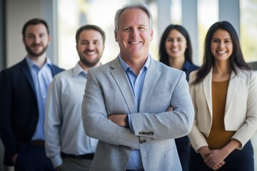 Wall Mural - A group of people are posing for a photo, with one man wearing a gray jacket and the others wearing suits. Scene is professional and serious