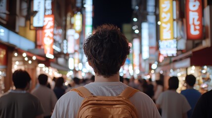 Wall Mural - A young man with a backpack exploring a vibrant street market at night, surrounded by lively crowds and neon lights.