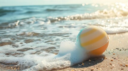 Wall Mural - soap bar on a beach ball near the water edge