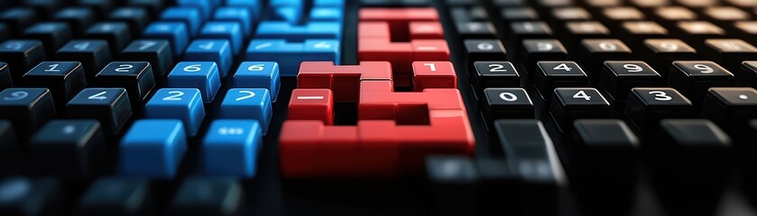 Wall Mural - close-up of a colorful computer keyboard with blue and red keys on a dark background.