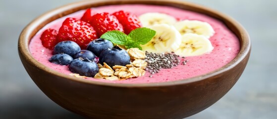 Delicious smoothie bowl topped with fresh fruits, granola and chia seeds, in a wooden bowl.