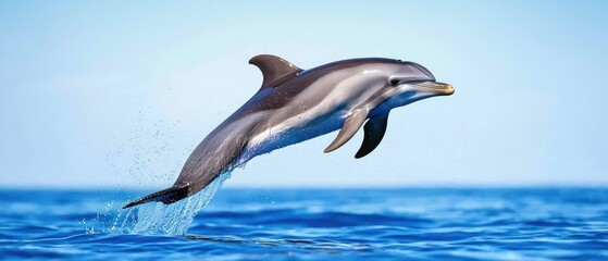 Dolphin jumping above the water surface, showcasing agility and grace against a clear blue sky.