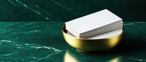 Wall Mural - Elegant empty business cards in a stylish golden bowl on a green marble surface.