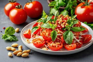 Fresh tomato salad with herbs and nuts on a plate, vibrant and appetizing.