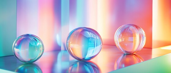 Three glass spheres are reflected in a light, creating a colorful